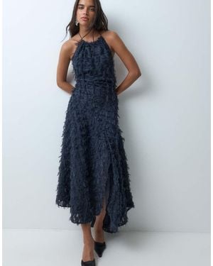 ASOS Textured Fringe Cowl Halter Midaxi Dress - Blue