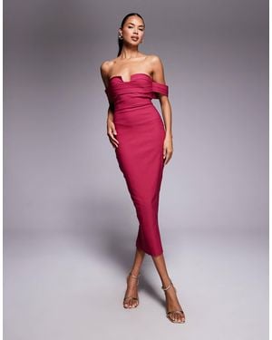 Vesper Bandeau Notch Front Detail Fallen Shoulder Midaxi Dress - Red