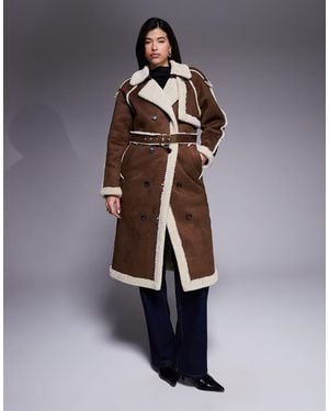 Aria Cove Faux Suede Shearling Look Trim Belted Longline Coat - Blue