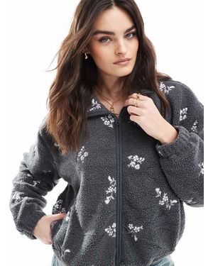 Hollister Embroidered Sherp Linef Fleece Jacket - Grey