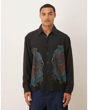 ASOS Camicia Oversize Nera Con Colletto Squadrato E Stampa Con Draghi - Nero