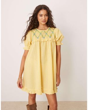 Neon Rose Shirred Detail Mini Gingham Babydoll Dress - Yellow