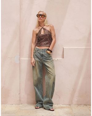 Motel Kelabu Keyhole Detail Halter Neck Sequin Top Co-ord - Natural
