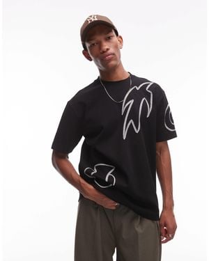 TOPMAN Premium Oversized Fit T-shirt With Front And Back Abstract Shapes Cord Embroidery - Black