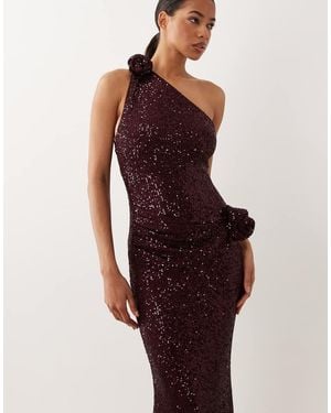 ASOS One Shoulder Sheet Sequin Midi Dress With Swirled Corsage Details - Red