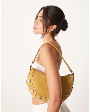 Mango Studded Detail Leather Hand Bag With Fringe Trim - Brown