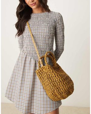 Mango Bolso Bombonera Con Forro De Rafia De -Marrón - Gris