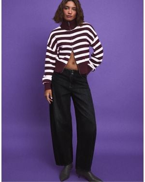 Stradivarius Striped Knit Cardigan With Zip - Purple