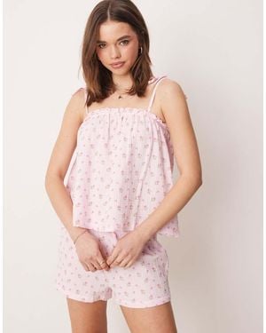 Loungeable Crinkle Cotton Tie Shoulder Cami And Short Pyjama Set - Pink