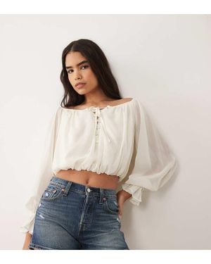 The Frolic Exclusive Chiffon Lace Up Detail Balloon Sleeve Bardot Blouse - White