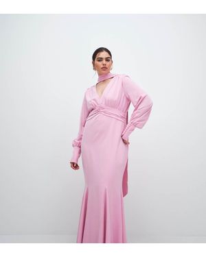 Pretty Lavish Curve Scarf Detail V-neck Deep Cuffs Satin Maxi Dress - Pink