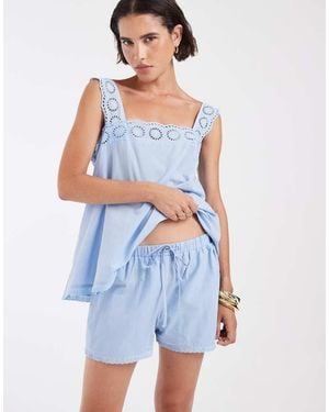 ASOS Cotton Pull On Co-Ord Lace Trim Shorts - Blue