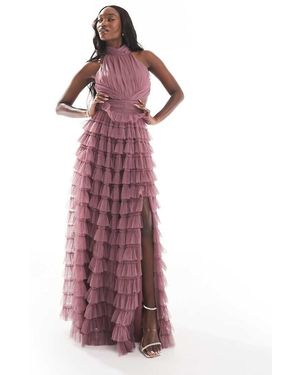 Beauut Bridesmaid High Neck Maxi Dress With Ruffle Skirt And Open Back - Purple