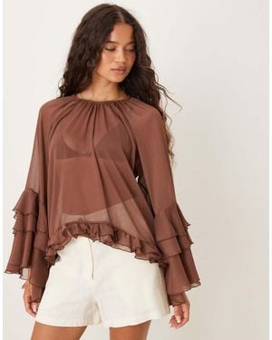 ASOS Chiffon Ruffle Longline Blouse - Brown