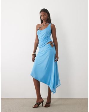 ASOS Co-ord Mesh Asymmetric Midi Skirt With Beaded Trim - Blue