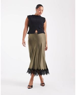 Vero Moda Satin Midi Skirt With Lace Detail Hem - Green