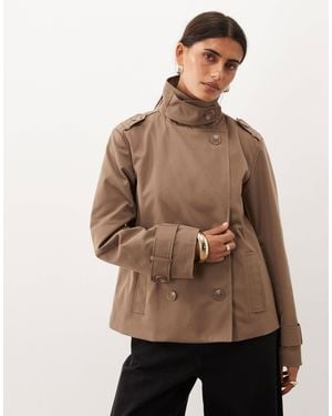 Threadbare Short Trench Jacket With Funnel Neck Detail - Brown