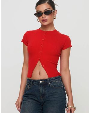 Princess Polly Ribbed Knit Button Through Top - Red