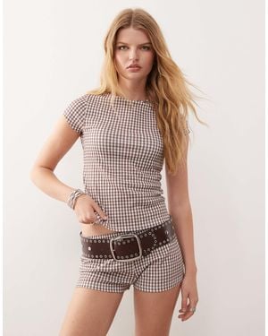 Collusion Textured Gingham Slash Neck Top - Multicolor