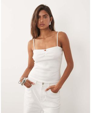 Mango Cotton Rich Strappy Cami Top With Rose - White