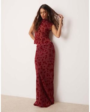 ASOS Flocked Mesh Low Rise Maxi Skirt - Red