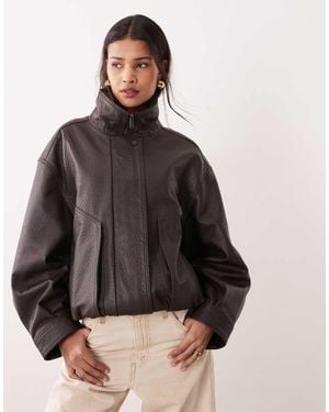Mango Capsule 100% Leather Funnel Neck Jacket - Brown