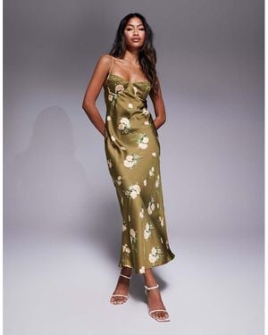 Love Triangle Satin Maxi Dress With Lace Trim Cups - Metallic