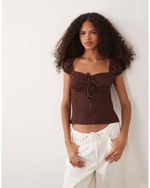 ASOS Textured Puff Sleeve With Tie Up Detail Top - Brown
