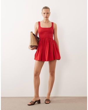 ASOS Scoop Ribbed Bodice With Poplin Skirt Mini Dress - Red
