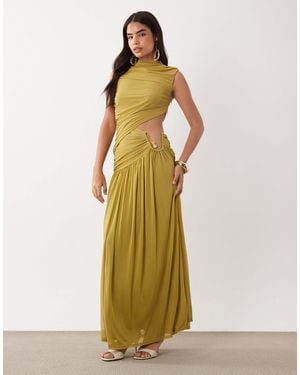 ASOS Ruched Mesh High Neck Maxi Dress With Wire Hardware Trim - Metallic