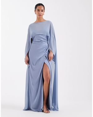 TFNC London Bridesmaids Satin Cape Detail High Split Maxi Dress - Blue