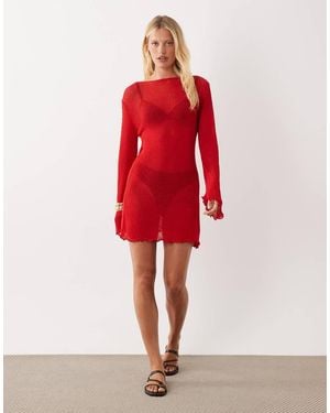 ASOS Vestido Playero Corto Con Espalda Escotada De Punto De Bouclé - Rojo