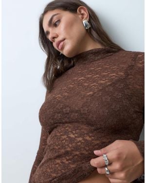 ASOS Asos Design Curve Sheer Lace High Neck Long Sleeve Top - Brown