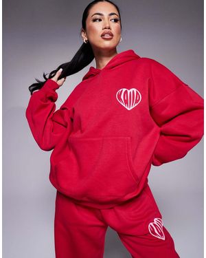 Kaiia Cotton Blend Contrast Heart Logo Oversized Hoodie - Red