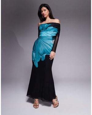 AFRM Maxi Jurk Van Mesh Met Stretch, Blote Schouders En Bloemenprint - Blauw