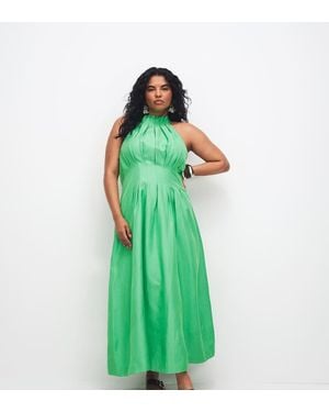Forever New Linen Blend Pleat Detail Halter Neck Midi Dress - Green