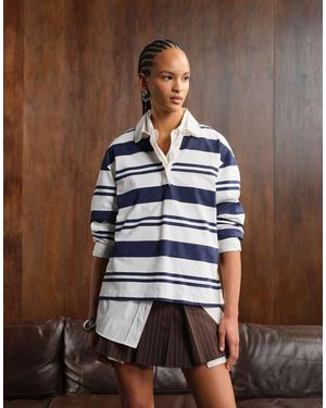 Gina Tricot Maglietta A Maniche Lunghe Vestibilità Comoda Bianca A Righe Con Colletto Stile Polo - Blu