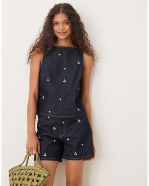 ASOS Denim Shift Top With Embroidered Ditsy Floral Co-ord - Blue
