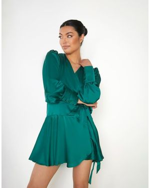 Glamorous V Neck Wrap Mini Dress - Green