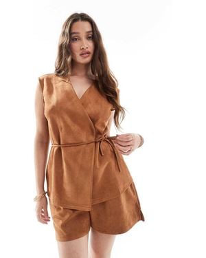 Object Faux Suede Tie Waist Waistcoat Co-ord - Brown