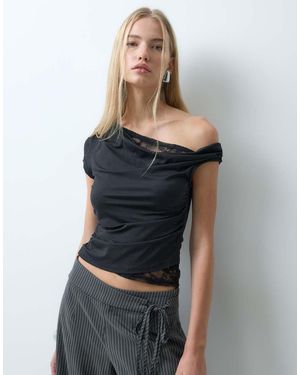 BRONZE SNAKE Top De Cupro Con Hombros Descubiertos Y Ribete De Encaje En - Gris