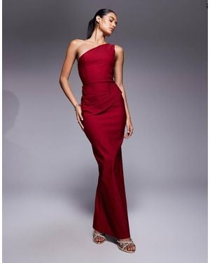 Vesper Bengaline One Shoulder Ruched Drape Waist Detail Maxi Dress - Red