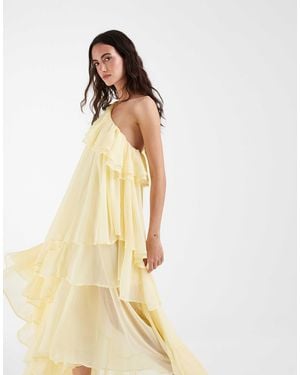 Muse Assembly Boho One Shoulder Tiered Ruffle Maxi Dress - Natural