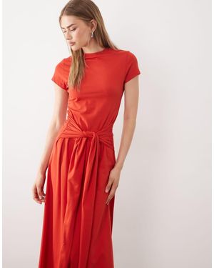 ASOS Short Sleeve Midi Dress With Tie Waist - Red