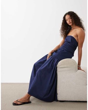 ASOS Cotton Sateen Bandeau Maxi Sundress With Dropped Waist Poplin Skirt - Blue