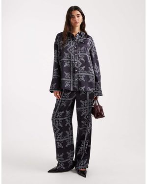 4th & Reckless Satin Elasticated Waist Wide Leg Trousers Co-Ord - Blue