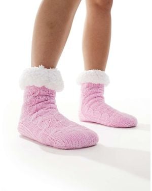 Loungeable Calcetines Tipo Pantuflas Chicle De Punto De Ochos De Chenilla Con Forro De Sherpa De - Rosa