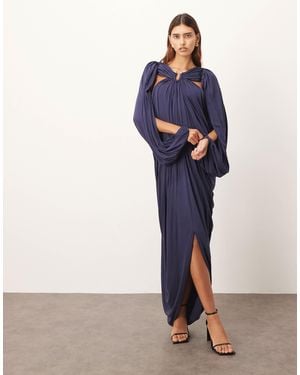 ARRANGE Drape Midi Dress With Balloon Sleeve And Hardware Detail - Blue