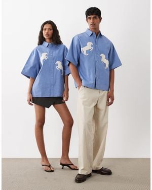 Sister Jane Dala Unisex Cotton Applique Horse Detail Boxy Denim Shirt - Blue