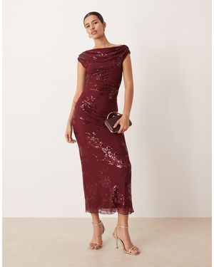 Gina Tricot Fallen Off One Shoulder Asymmetric Sequin Maxi Dress - Red